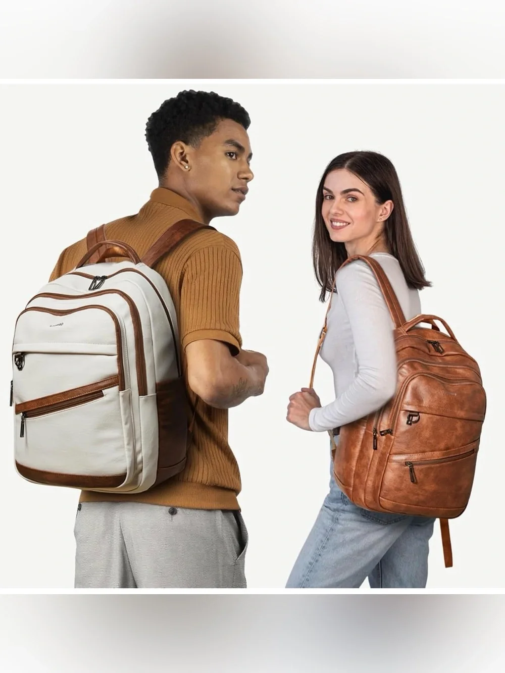 LATMAP Vegan Leather Laptop Backpack 16.5” Travel Carry On College Work Brown